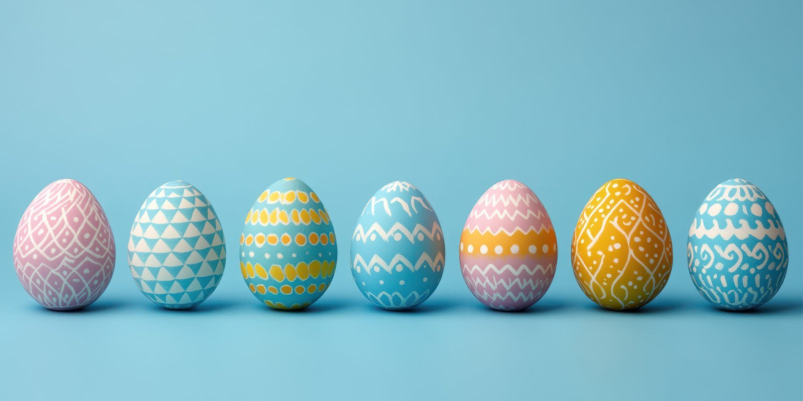Colorful decorated Easter eggs arranged on a blue background for spring celebrations